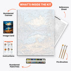 Moonlit Lakeside Paint by Numbers Kit – includes numbered canvas, paint pots, brushes, and instructions
