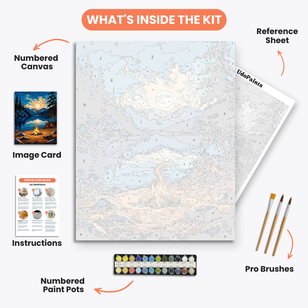 Moonlit Lakeside Paint by Numbers Kit – includes numbered canvas, paint pots, brushes, and instructions
