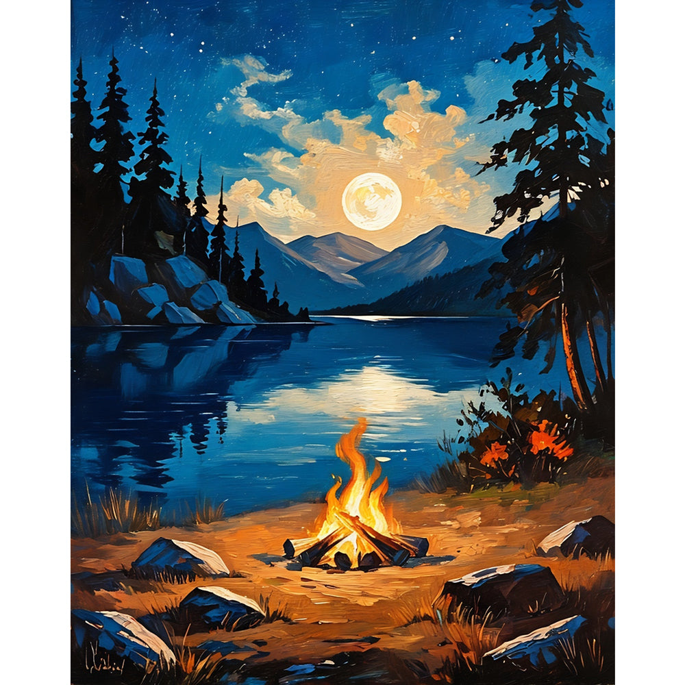 Moonlit Lakeside Paint by Numbers Kit design preview showing the full artwork layout before painting