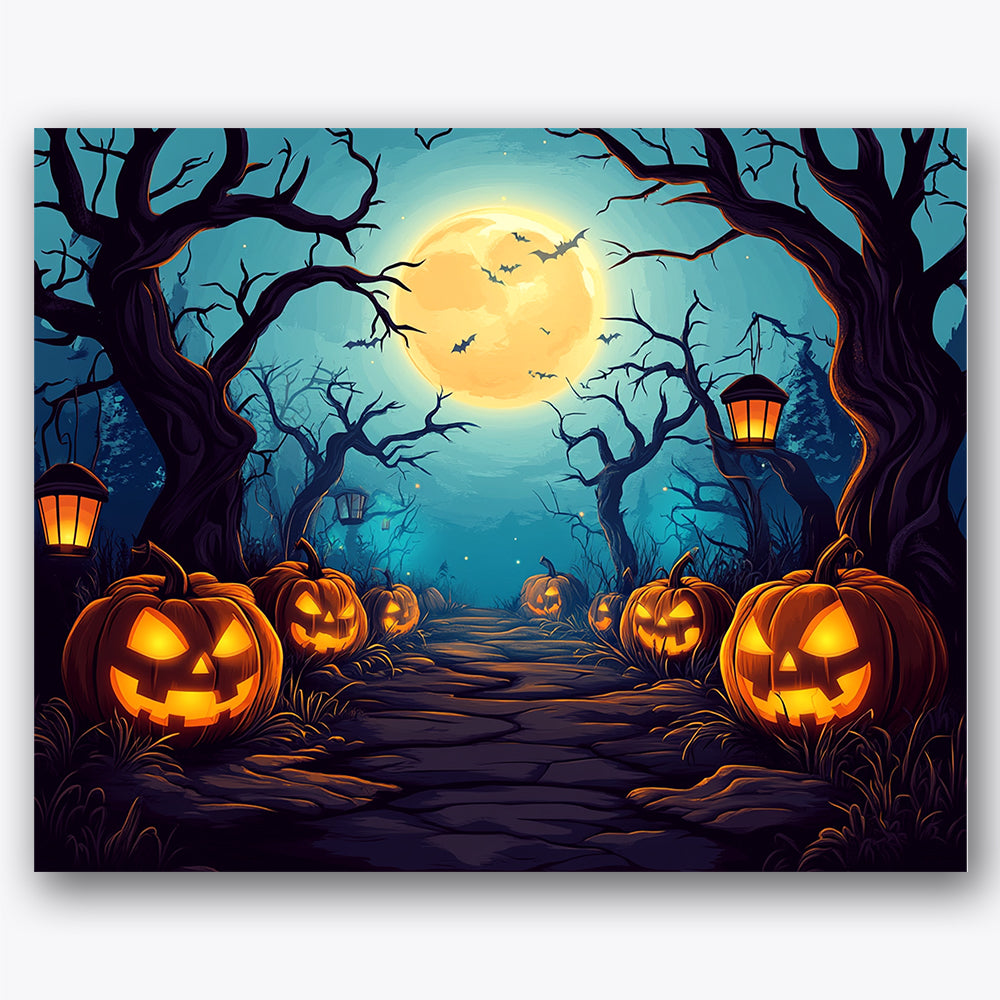 Paint by numbers design of jack-o'-lanterns, full moon, glowing pumpkins, twisted branches