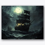 Paint by numbers design of ship, full moon, full moon illuminates sky, ghostly ship silhouette