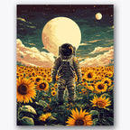 Paint by numbers design of astronaut, sunflowers, vivid sunflower field, detailed astronaut suit