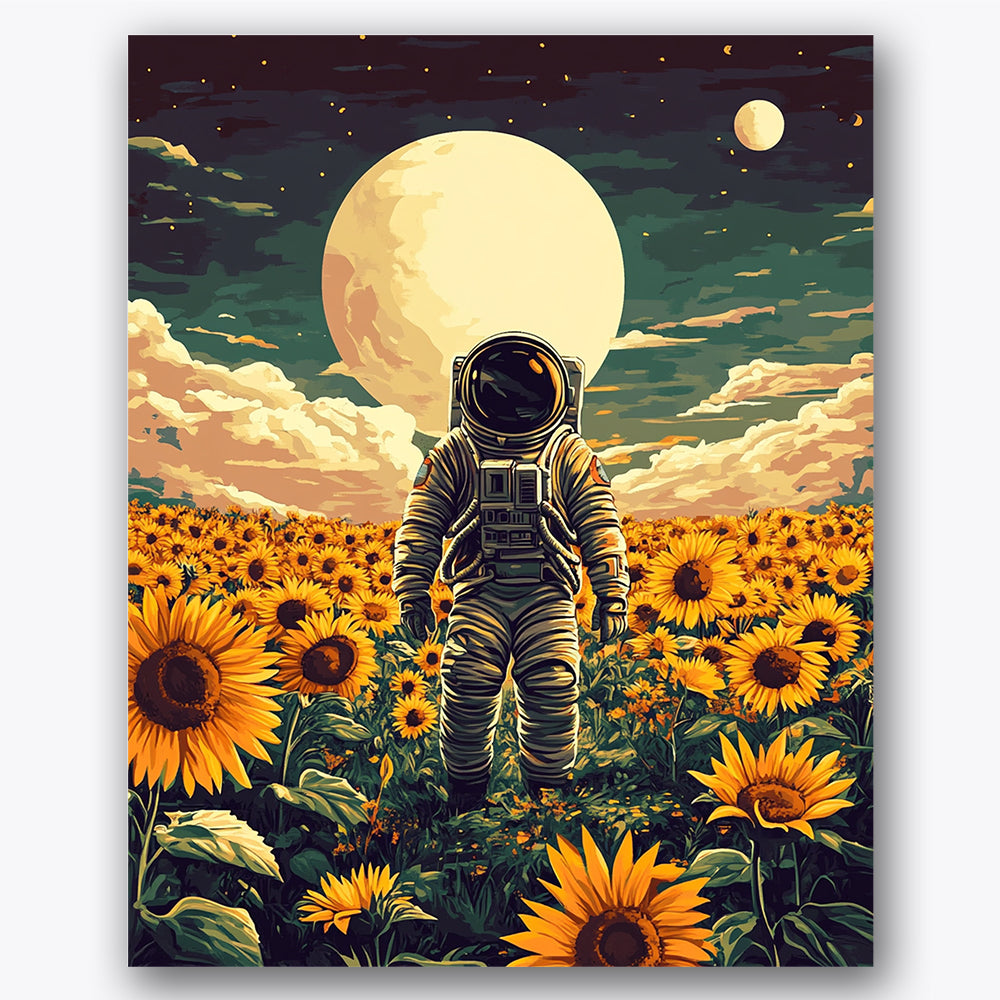 Paint by numbers design of astronaut, sunflowers, vivid sunflower field, detailed astronaut suit