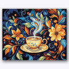 Paint by numbers design of coffee cup, floral patterns, steaming coffee cup, swirling floral patterns