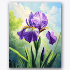 Paint by numbers design of iris, cloudy sky, purple iris petals, soft cloudy background