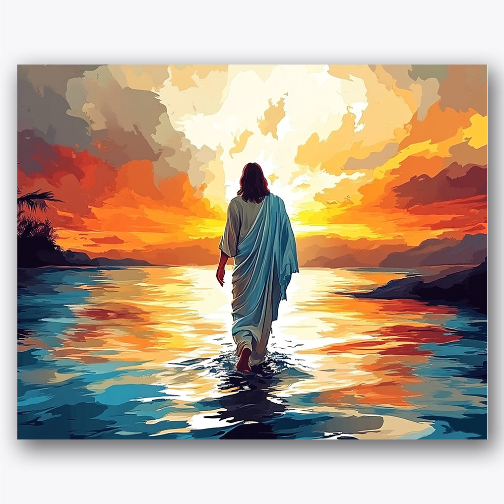 Paint by numbers design of figure, sunrise, vivid sunrise colors, flowing robes