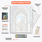 Mosque Entrance Paint by Numbers Kit – includes numbered canvas, paint pots, brushes, and instructions