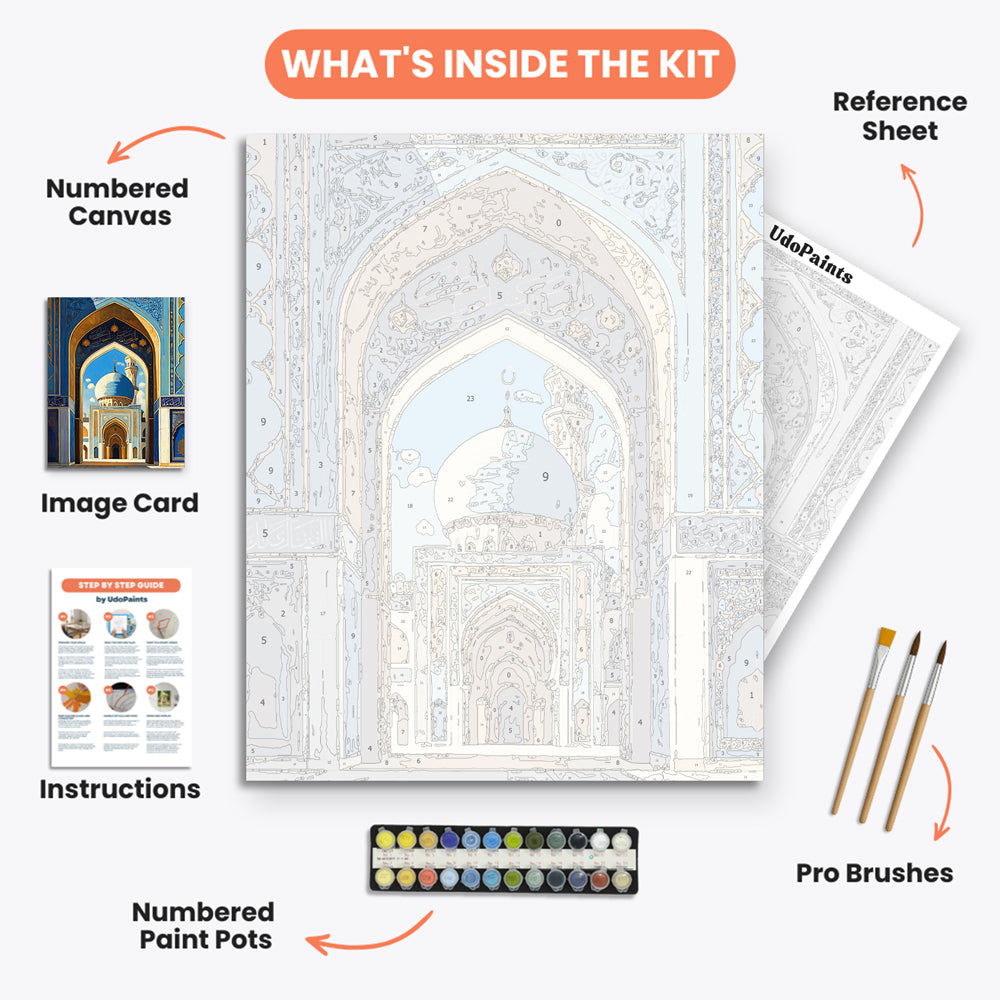Mosque Entrance Paint by Numbers Kit – includes numbered canvas, paint pots, brushes, and instructions