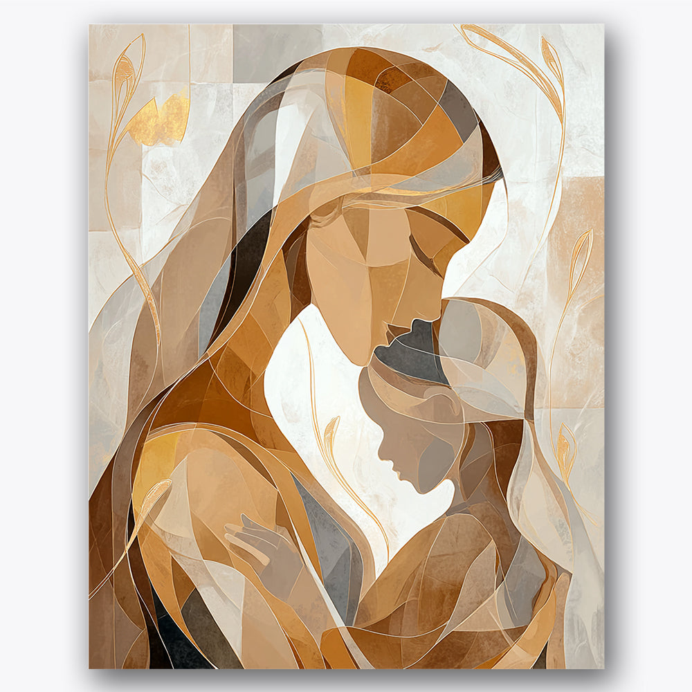 Paint by numbers design of mother, child, curved abstract lines, gentle earth tones