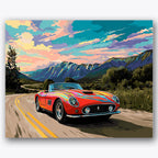 Paint by numbers design of vintage car, mountain road, vibrant sunset sky, winding road