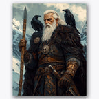 Paint by numbers design of warrior, ravens, snowy mountain backdrop, fur-lined cloak
