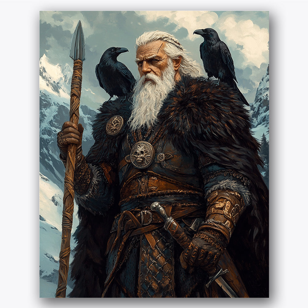 Paint by numbers design of warrior, ravens, snowy mountain backdrop, fur-lined cloak
