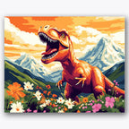 Paint by numbers design of T-Rex, mountain meadow, roaring T-Rex, colorful wildflowers