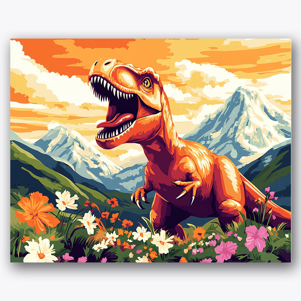 Paint by numbers design of T-Rex, mountain meadow, roaring T-Rex, colorful wildflowers