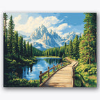 Paint by numbers design of mountain trail, wooden path, wooden boardwalk, clear mountain lake