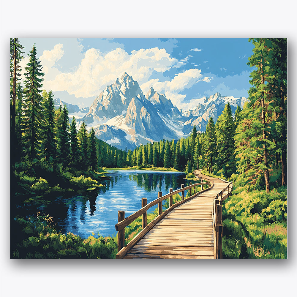 Paint by numbers design of mountain trail, wooden path, wooden boardwalk, clear mountain lake