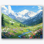 Paint by numbers design of mountains, flower meadow, snow-capped mountains, colorful flower meadow