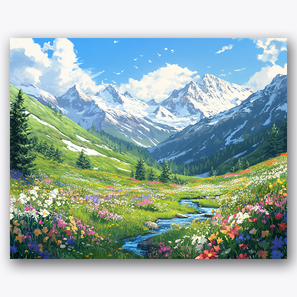 Paint by numbers design of mountains, flower meadow, snow-capped mountains, colorful flower meadow