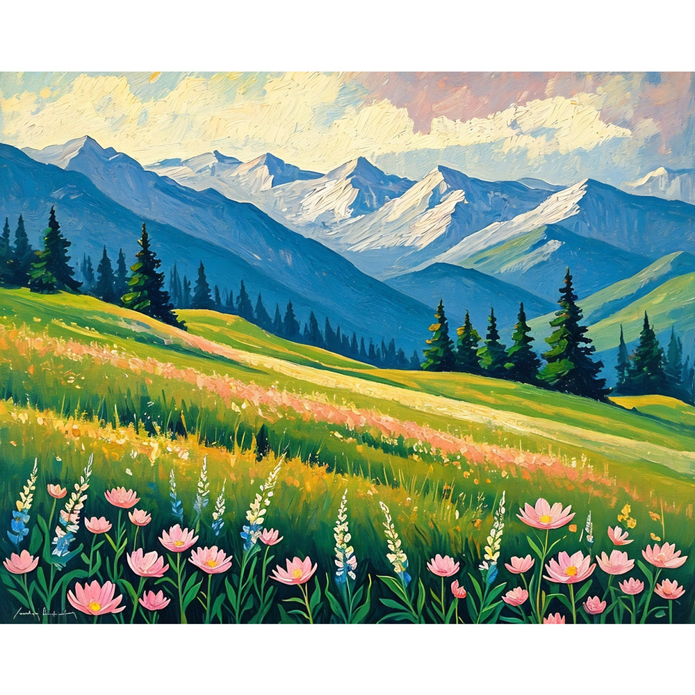 Mountain Tranquility Paint by Numbers Kit design preview showing the full artwork layout before painting