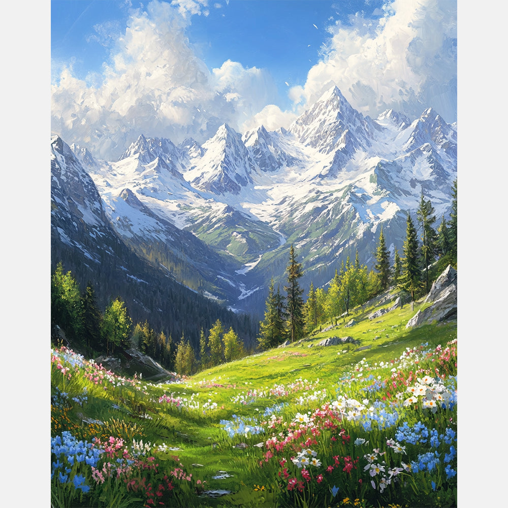Mountain View Paint by Numbers Kit design preview showing the full artwork layout before painting