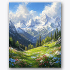 Paint by numbers design of mountain meadow, snow-capped peaks, vibrant wildflowers, snow-capped mountains