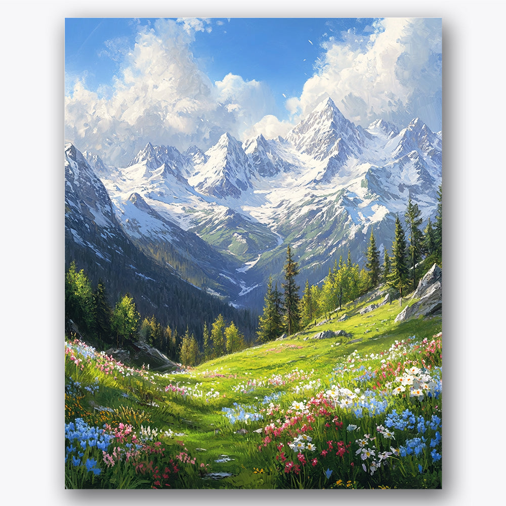 Paint by numbers design of mountain meadow, snow-capped peaks, vibrant wildflowers, snow-capped mountains