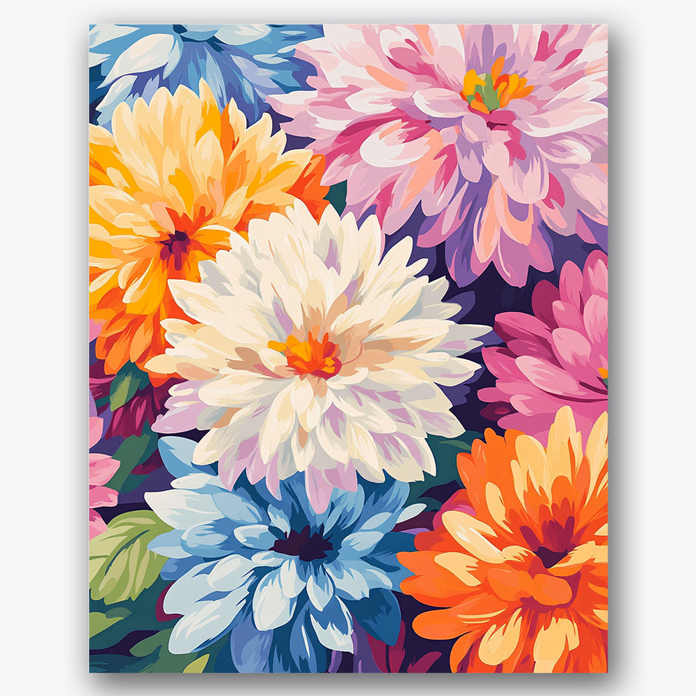 Paint by numbers design of dahlias, colorful petals, overlapping petals, vibrant colors