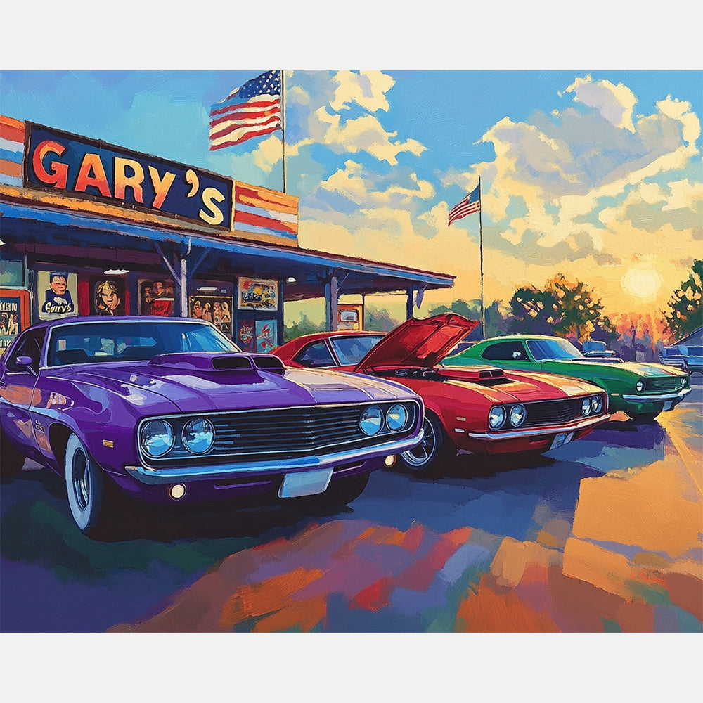 Muscle Car Clash Paint by Numbers Kit design preview showing the full artwork layout before painting