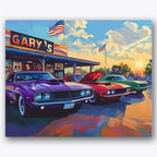 Paint by numbers design of muscle cars, retro diner, three vibrant cars, retro diner sign