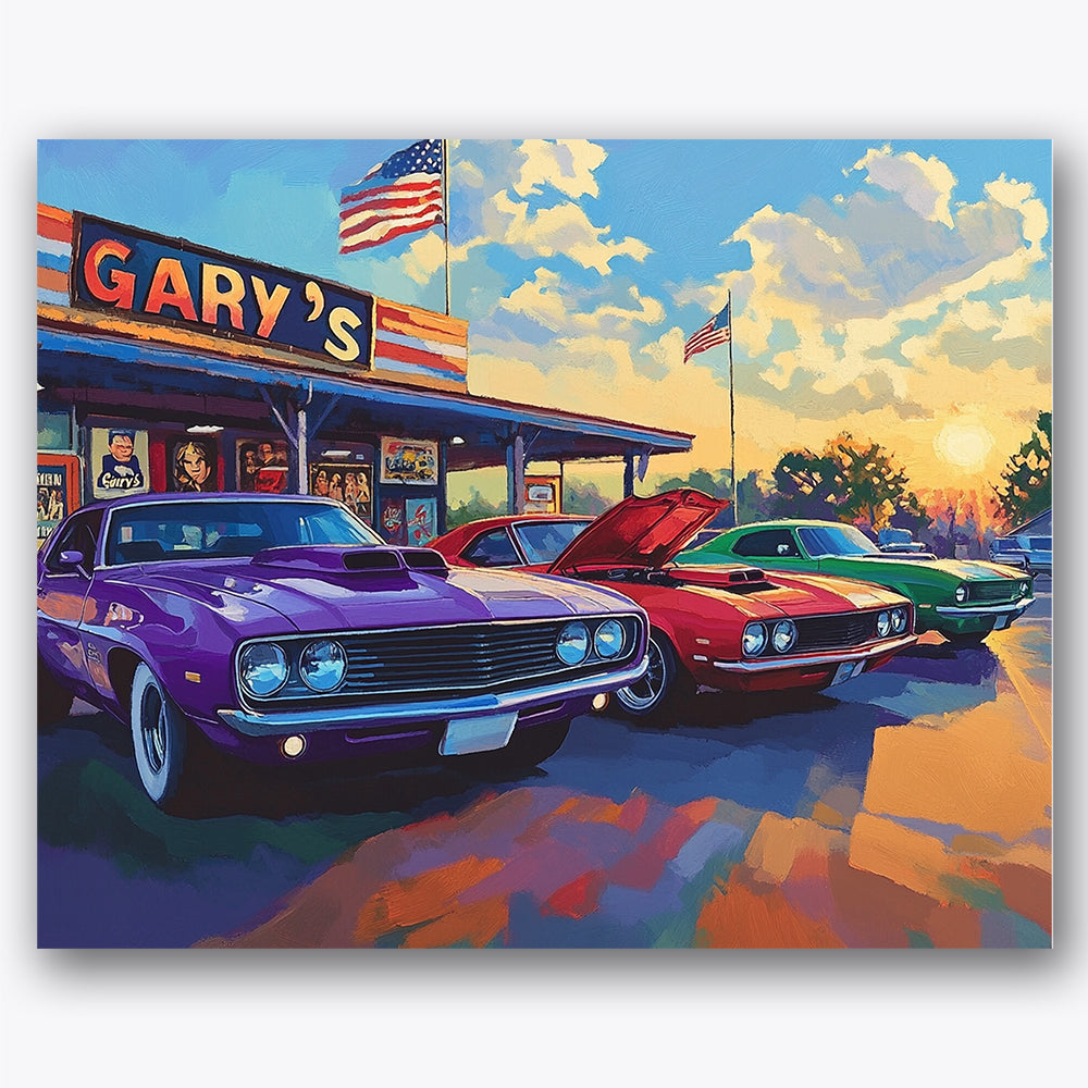 Paint by numbers design of muscle cars, retro diner, three vibrant cars, retro diner sign