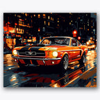 Paint by numbers design of Mustang car, city street, orange classic car, wet street reflections