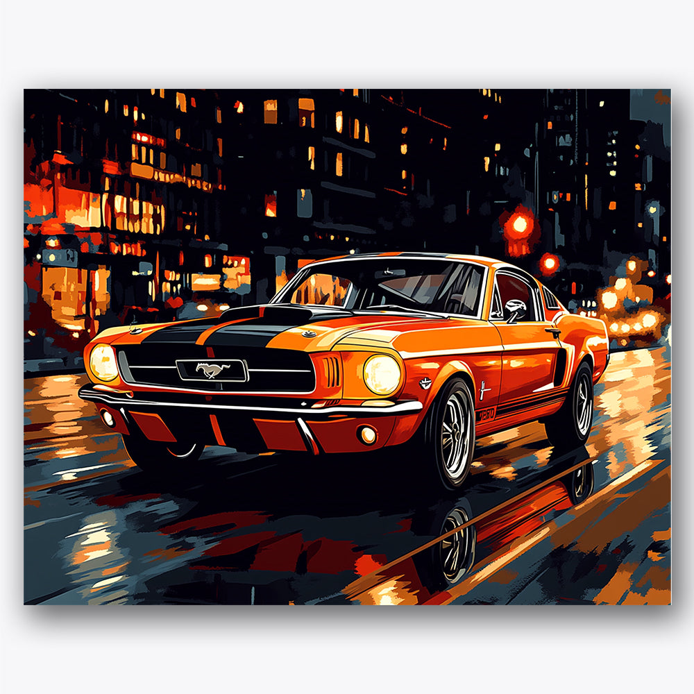 Paint by numbers design of Mustang car, city street, orange classic car, wet street reflections