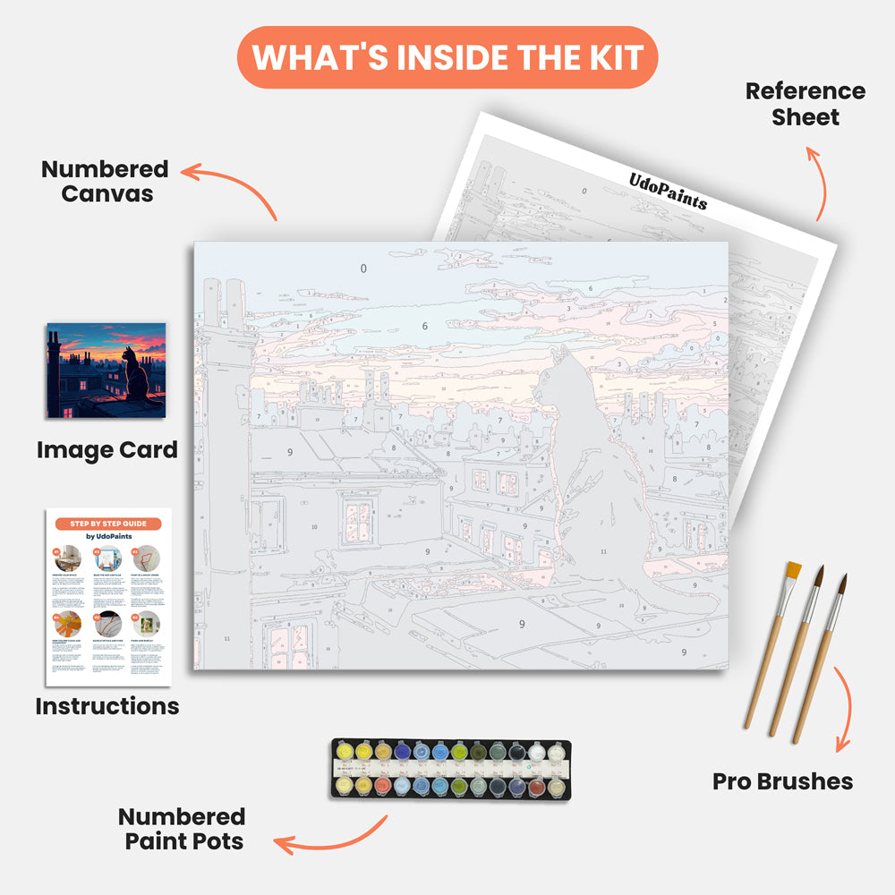 Mystic Rooftop Cat Paint by Numbers Kit – includes numbered canvas, paint pots, brushes, and instructions