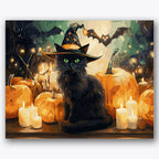 Paint by numbers design of black cat, pumpkins, green-eyed cat, glowing candles