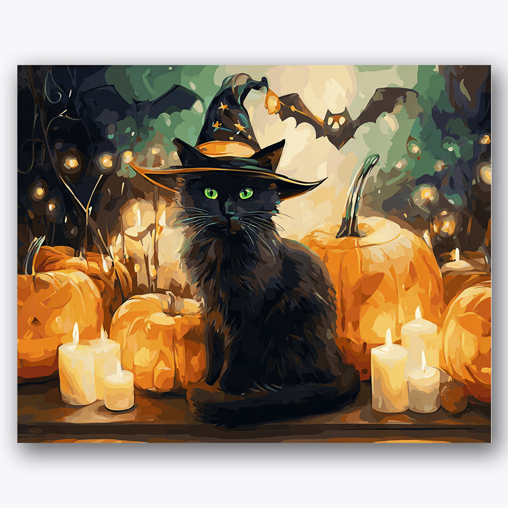 Paint by numbers design of black cat, pumpkins, green-eyed cat, glowing candles