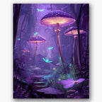 Paint by numbers design of glowing mushrooms, ethereal butterflies, glowing mushroom caps, ethereal butterflies