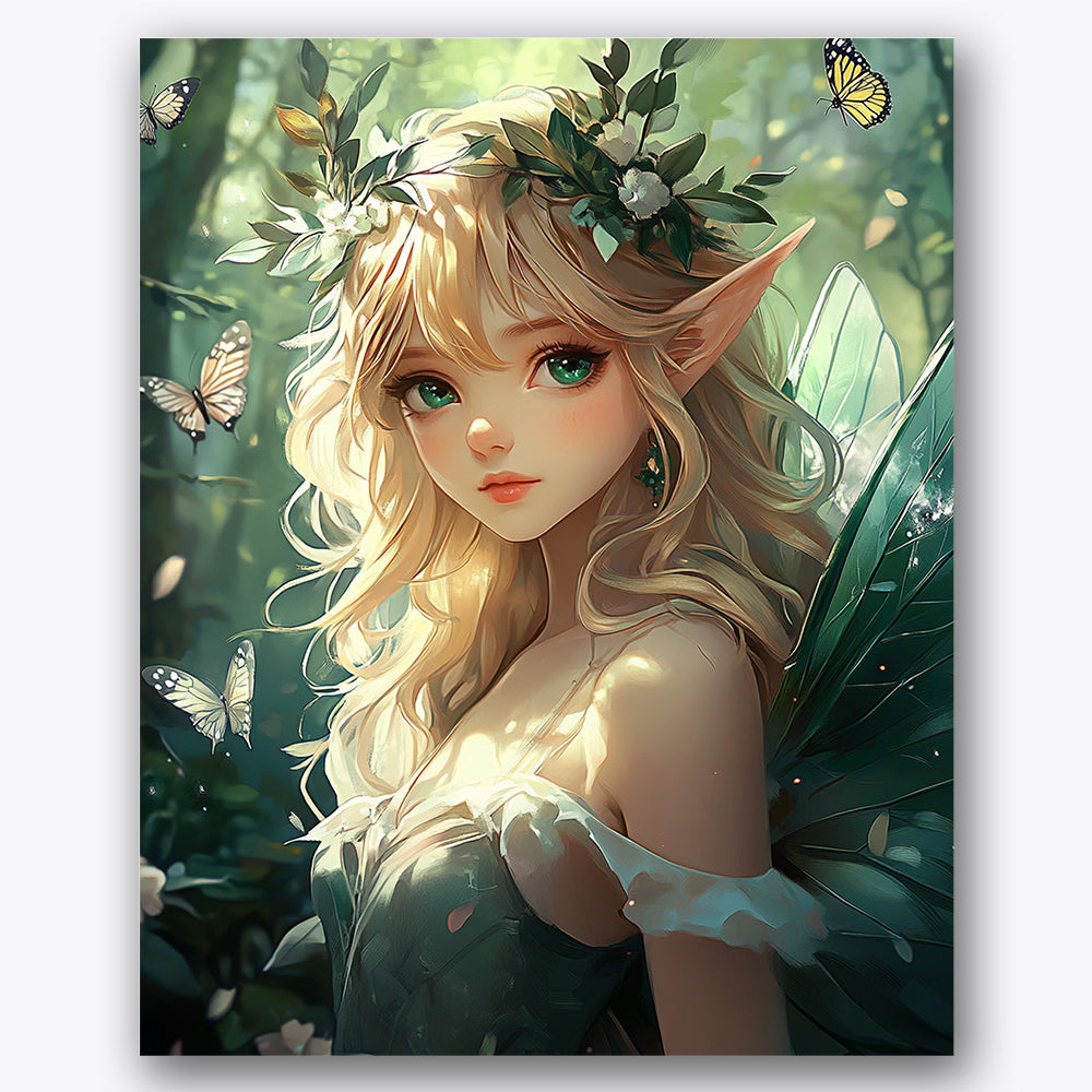 Paint by numbers design of forest fairy, butterflies, delicate butterfly wings, sunlit forest backdrop