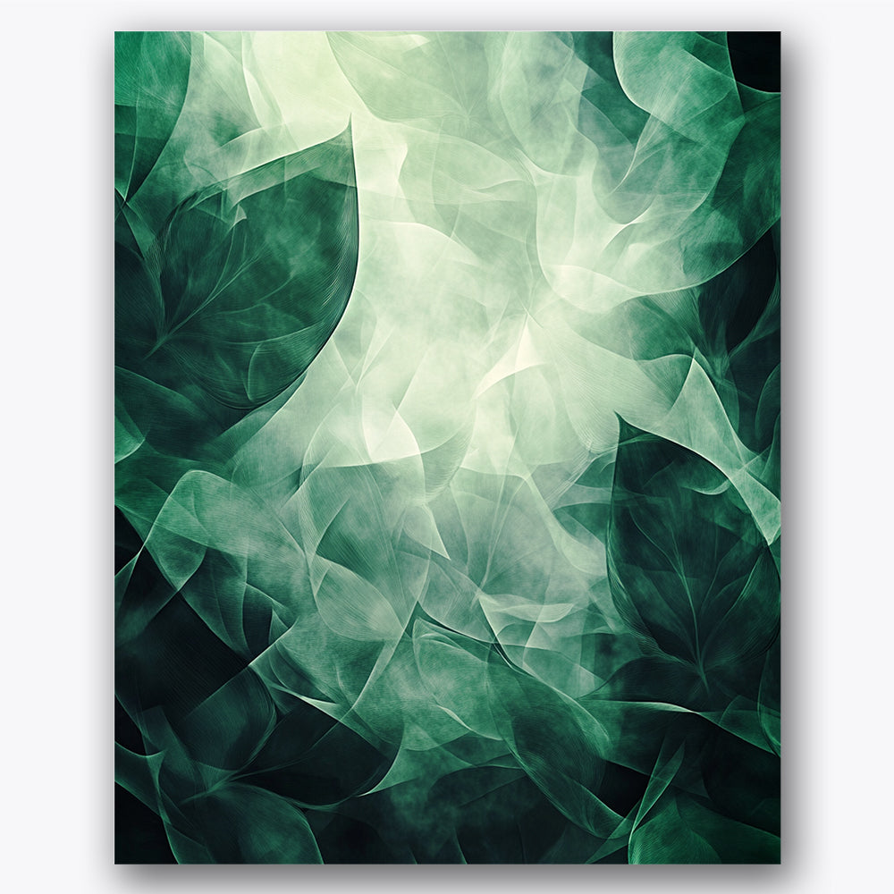 Paint by numbers design of leaves, abstract forms, translucent layers, soft green tones