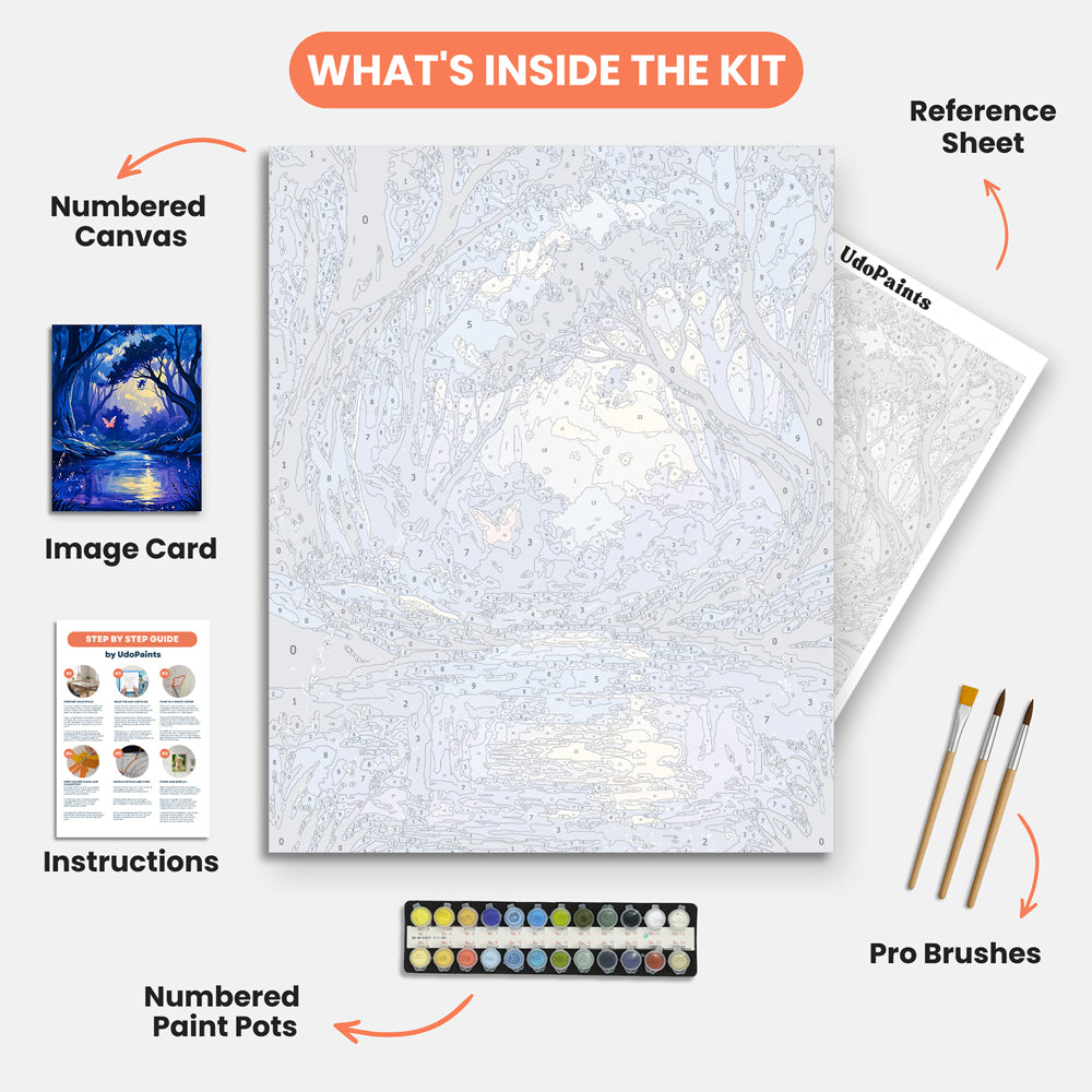 Mystic Woodland Paint by Numbers Kit – includes numbered canvas, paint pots, brushes, and instructions