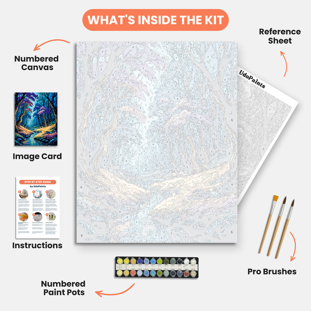 Mystical Forest Paint by Numbers Kit – includes numbered canvas, paint pots, brushes, and instructions