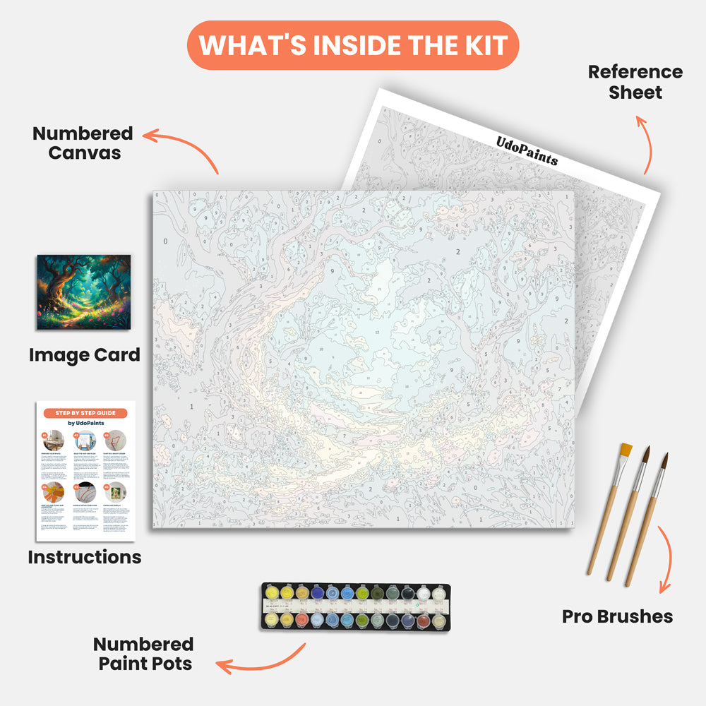 Mystical Forest Path Paint by Numbers Kit – includes numbered canvas, paint pots, brushes, and instructions