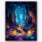 Paint by numbers design of forest pathway, glowing orbs, glowing orbs, tall trees