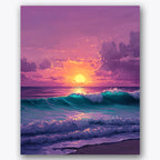 Paint by numbers design of sunset, ocean waves, vibrant twilight sky, crashing teal waves