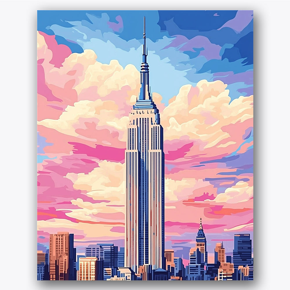 Paint by numbers design of Empire State Building, vibrant sunset, Empire State Building, sunset clouds