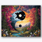 Paint by numbers design of yin-yang symbol, cosmic landscape, yin-yang center, starry sky backdrop