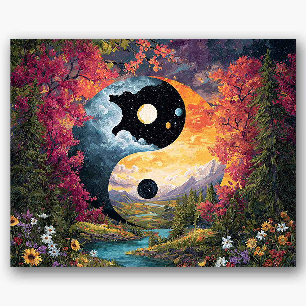 Paint by numbers design of yin-yang symbol, cosmic landscape, yin-yang center, starry sky backdrop