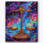 Paint by numbers design of ornate scales, cosmic background, ornate golden scales, vivid nebulas