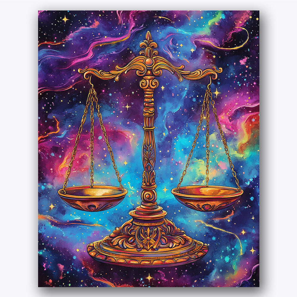 Paint by numbers design of ornate scales, cosmic background, ornate golden scales, vivid nebulas