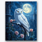 Paint by numbers design of owl, castle, full moon glowing, gothic castle towers, An owl perched on a wrought iron rail