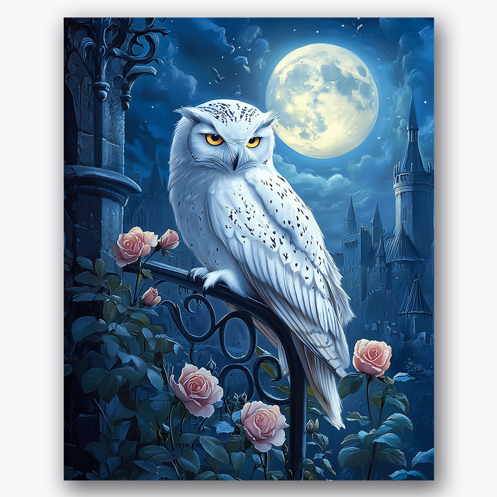 Paint by numbers design of owl, castle, full moon glowing, gothic castle towers, An owl perched on a wrought iron rail